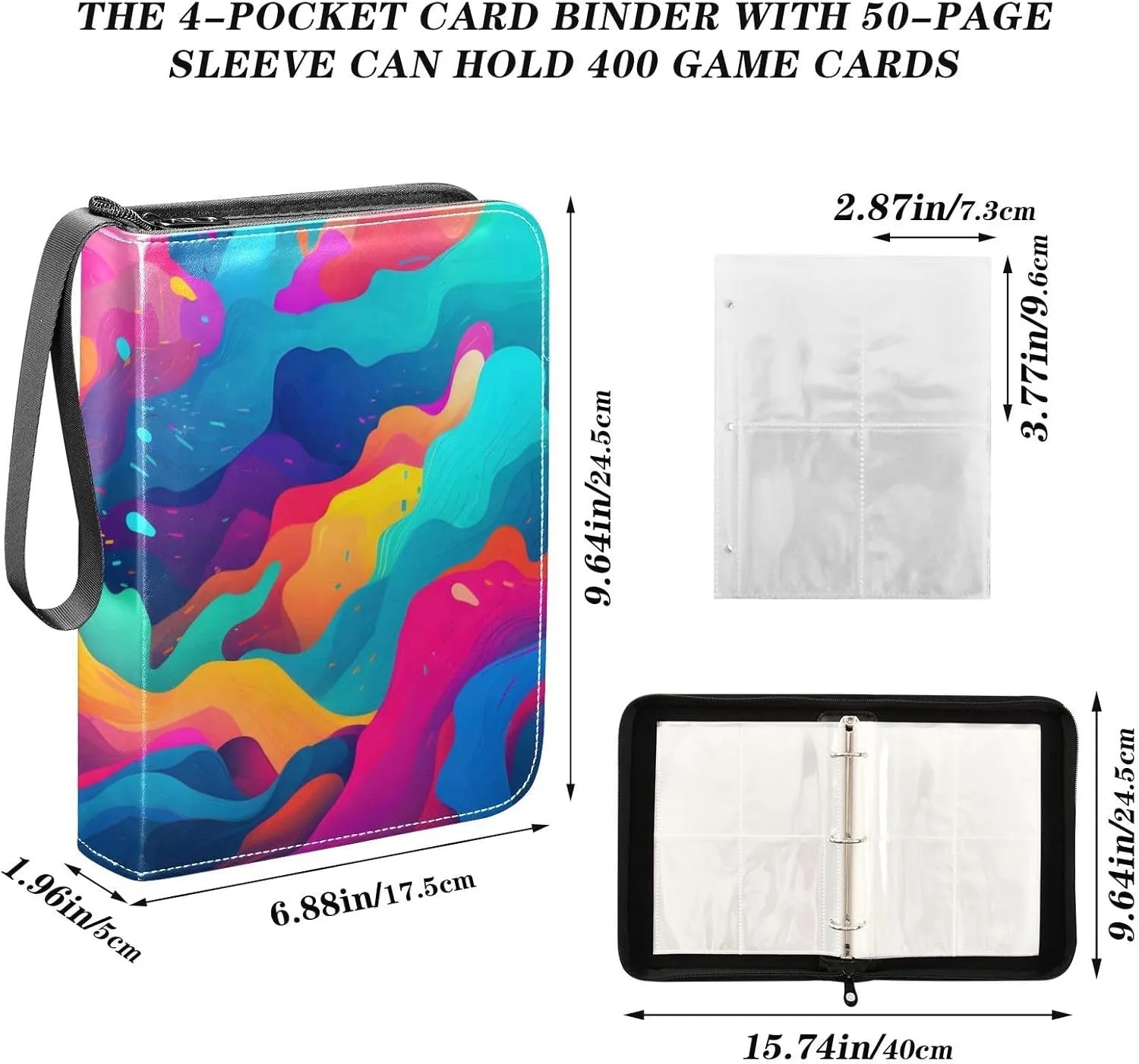 Card Binder 4 Pocket Trading Card Binder Holds 400 Cards with 50 Removable Sleeves for Boys Girls Game Cards Sports Cards Colorful Abstract