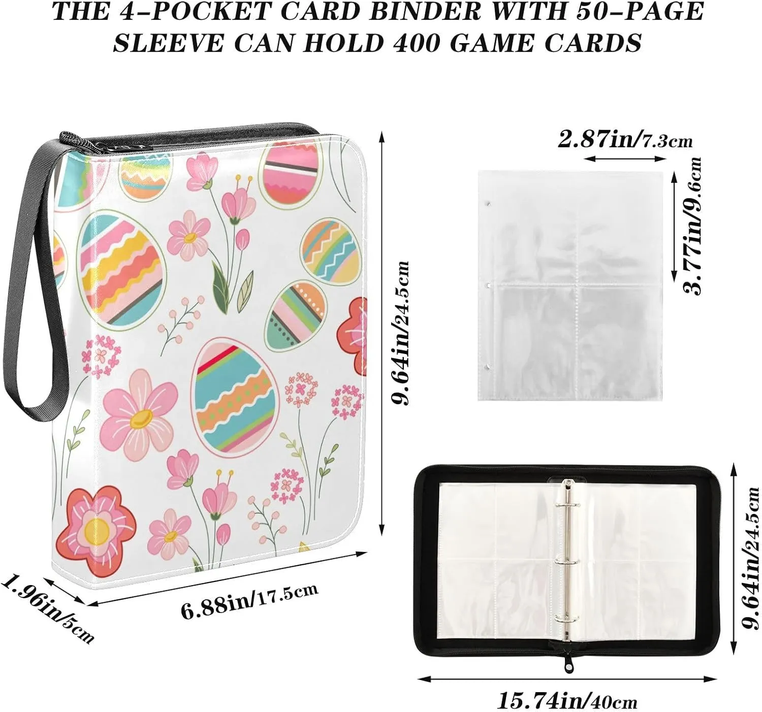 Card Binder 4 Pocket Trading Card Binder Holds 400 Cards with 50 Removable Sleeves for Boys Girls Game Cards Sports Cards Colorful Easter Print