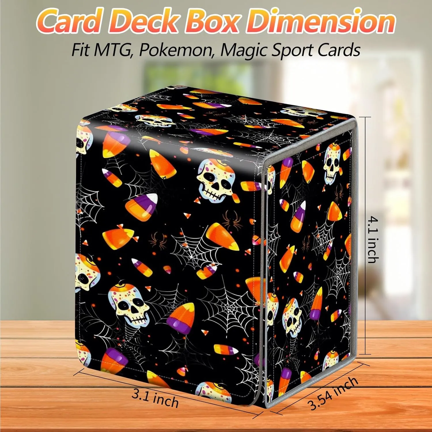 Card Deck Box, Card Storage Box Fits 100  Single Sleeved Cards, Large Capacity PU Leather Card Storage Box with Strong Magnet for Magic Commander TCG CCG, Cute Halloween Skull