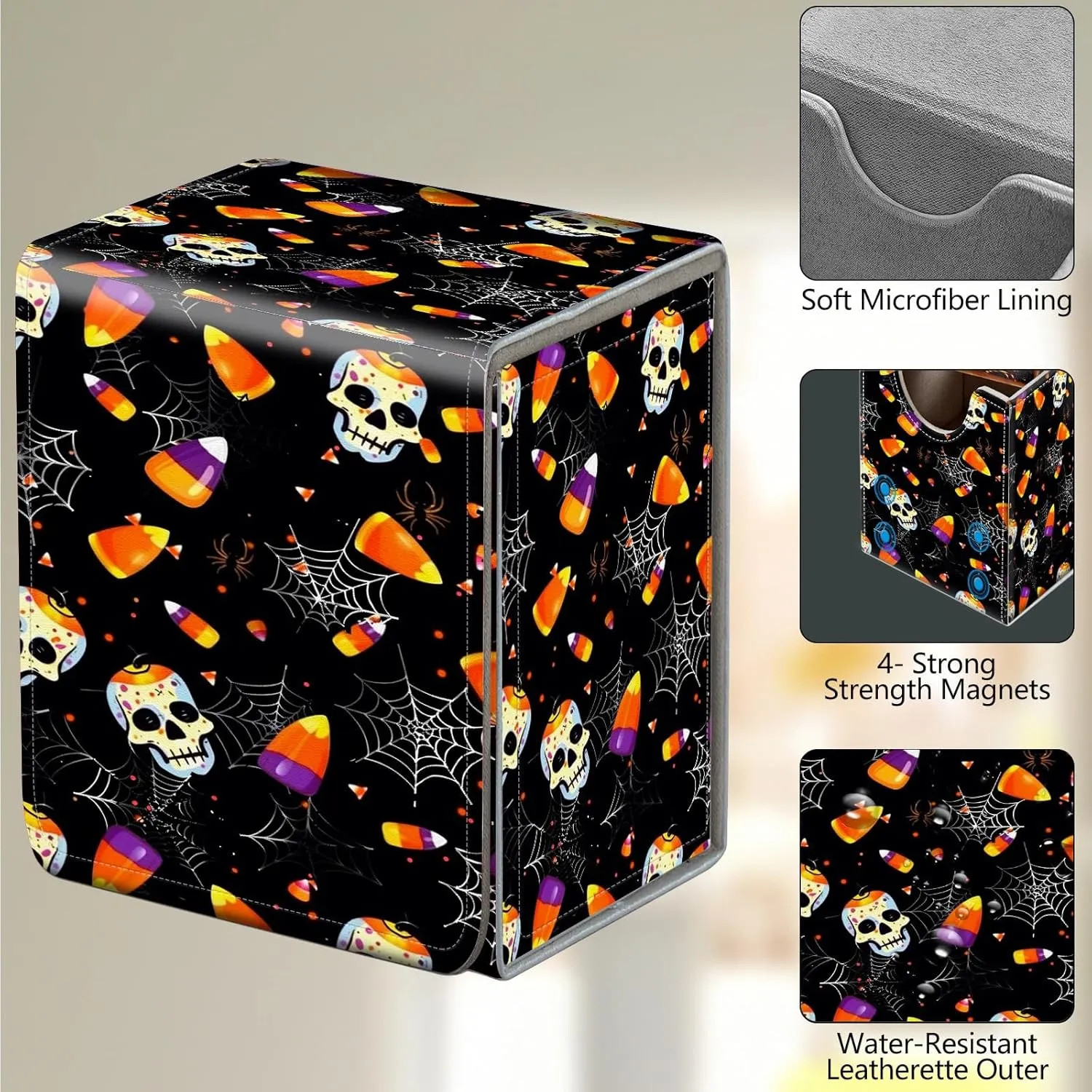 Card Deck Box, Card Storage Box Fits 100  Single Sleeved Cards, Large Capacity PU Leather Card Storage Box with Strong Magnet for Magic Commander TCG CCG, Cute Halloween Skull