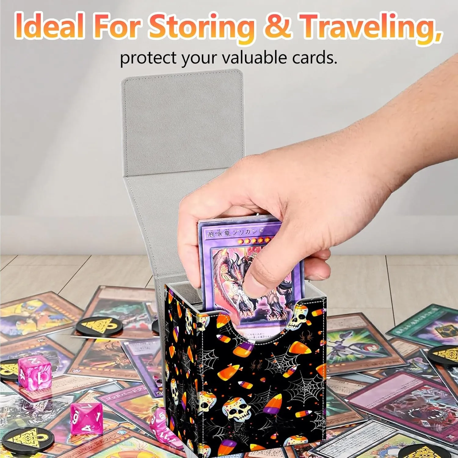 Card Deck Box, Card Storage Box Fits 100  Single Sleeved Cards, Large Capacity PU Leather Card Storage Box with Strong Magnet for Magic Commander TCG CCG, Cute Halloween Skull