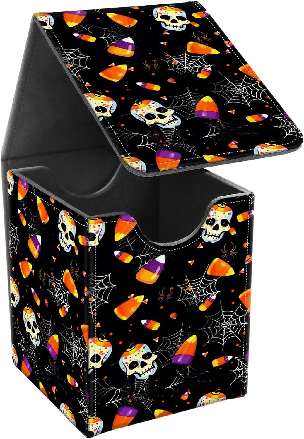 Card Deck Box, Card Storage Box Fits 100  Single Sleeved Cards, Large Capacity PU Leather Card Storage Box with Strong Magnet for Magic Commander TCG CCG, Cute Halloween Skull