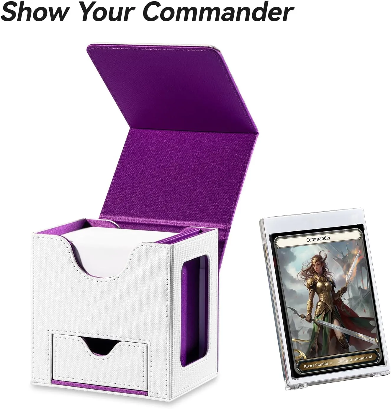 Card Deck Box for MTG Commander - Patented Design, Commander Display, Fits 100 Double-Sleeved Cards, 35pt Card Brick & Dice Tray - White/Purple