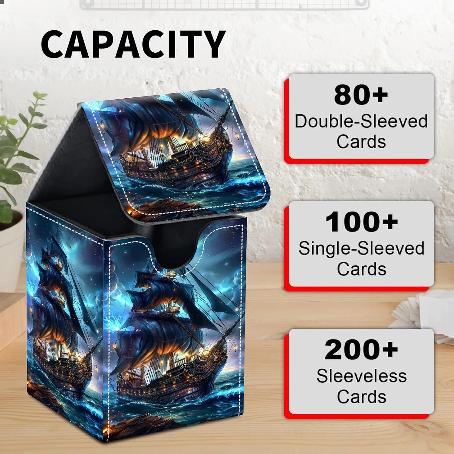 Card Deck Box for MTG Trading Cards, Magic Card Box Can Hold 110  Single Sleeved Cards, Waterproof PU Leather Material, Strong Magnetic Buckle Card Set Box Suitable for TCG CCG, Dark Pirate Ship