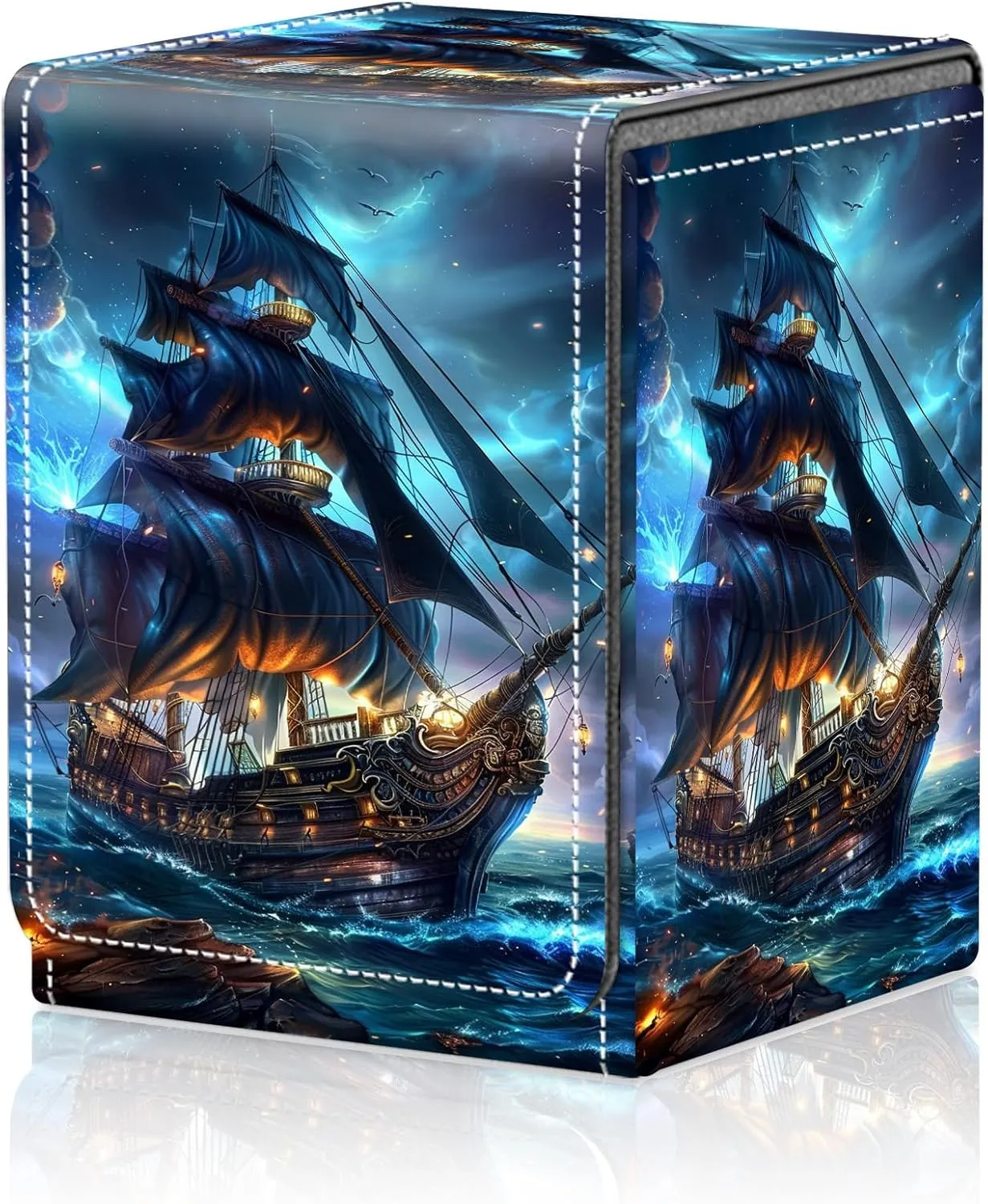 Card Deck Box for MTG Trading Cards, Magic Card Box Can Hold 110  Single Sleeved Cards, Waterproof PU Leather Material, Strong Magnetic Buckle Card Set Box Suitable for TCG CCG, Dark Pirate Ship