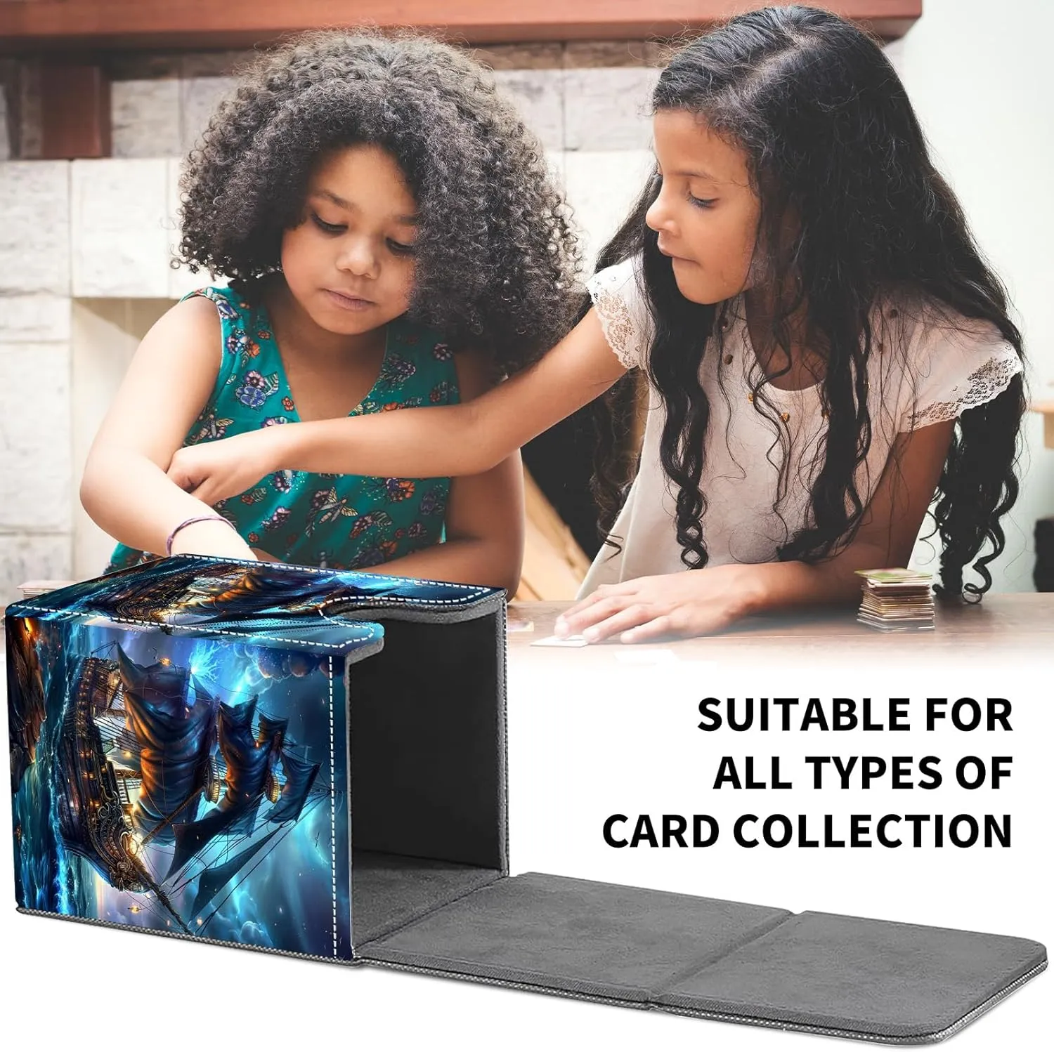 Card Deck Box for MTG Trading Cards, Magic Card Box Can Hold 110  Single Sleeved Cards, Waterproof PU Leather Material, Strong Magnetic Buckle Card Set Box Suitable for TCG CCG, Dark Pirate Ship