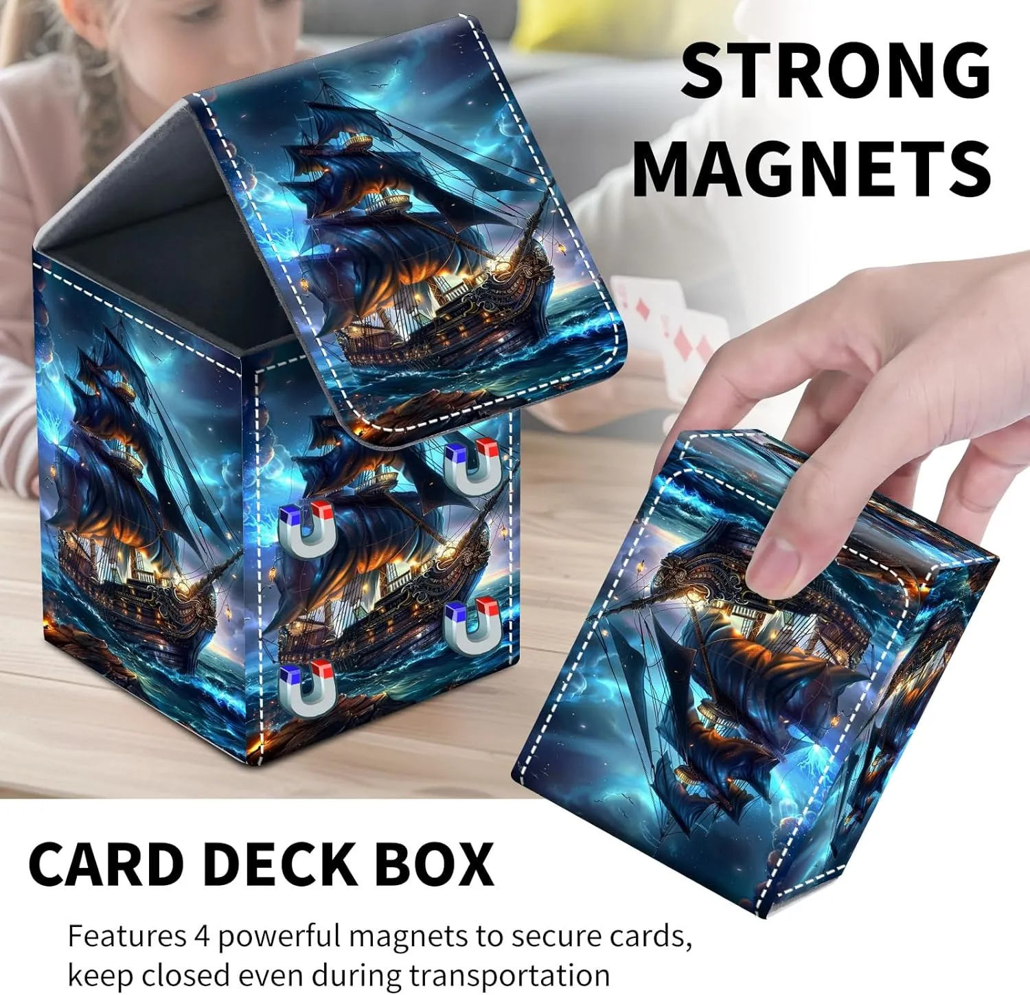 Card Deck Box for MTG Trading Cards, Magic Card Box Can Hold 110  Single Sleeved Cards, Waterproof PU Leather Material, Strong Magnetic Buckle Card Set Box Suitable for TCG CCG, Dark Pirate Ship