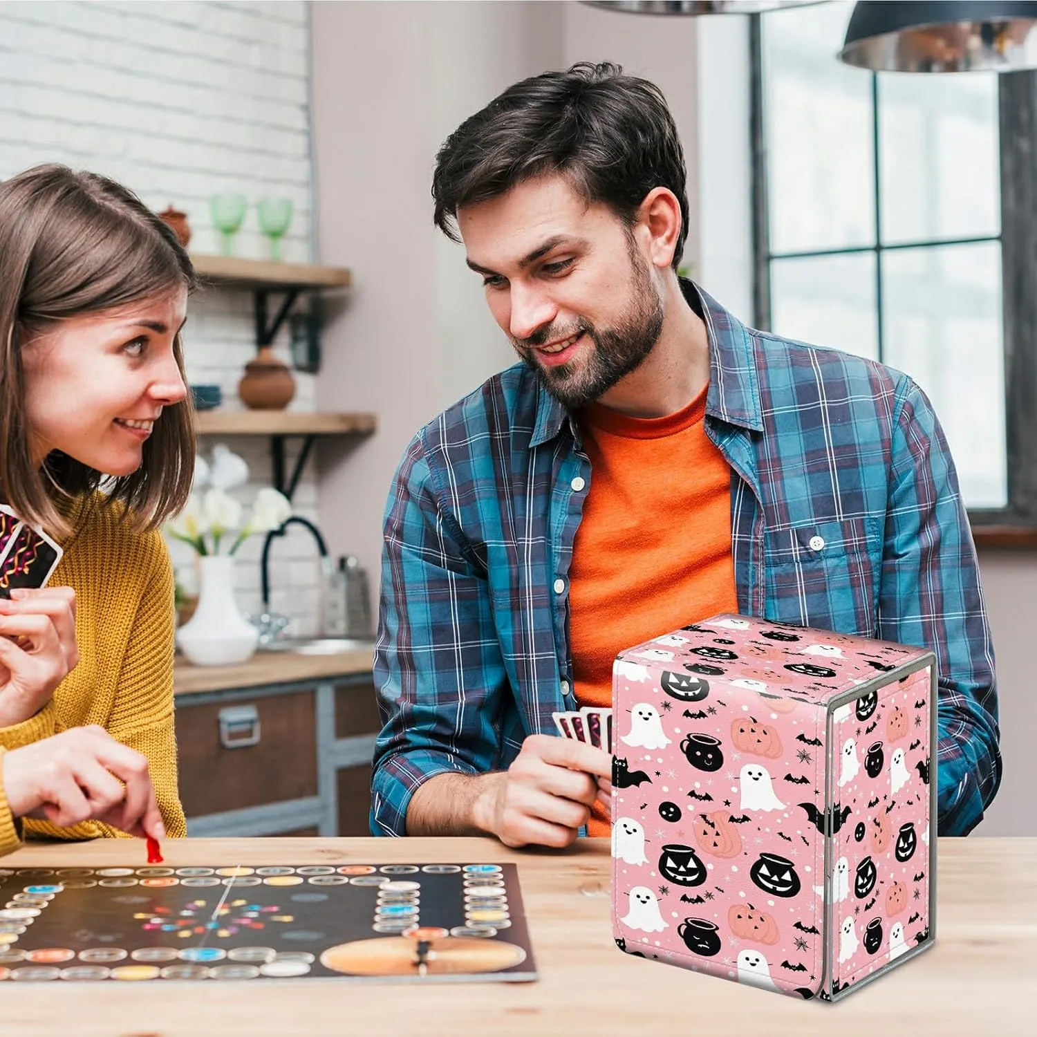 Card Deck Box for Trading Cards, MTG Commander Deck Box Fits 100  Single Sleeved Cards, Leather Magnetic Card Storage Box for YuGiOh TCG CCG Cards, Cute Pink Halloween Pumpkins