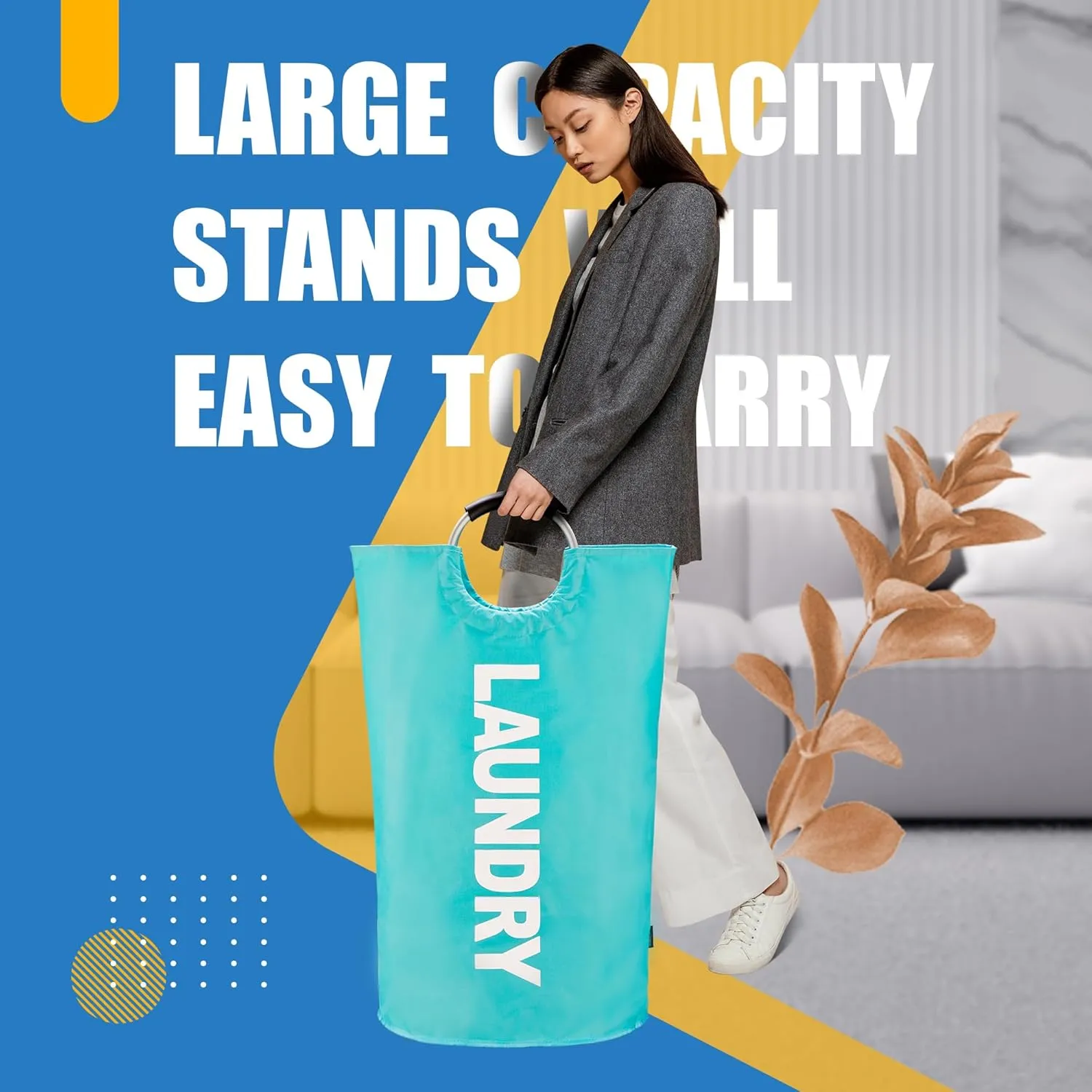Caroeas 125L Laundry Basket,Large Laundry Hamper, Laundry Bag with Padded Handles, Clothes Hamper Stands Up Well, Collapsible Free Standing Easy Storage Washing Bin (Light Blue,125L)