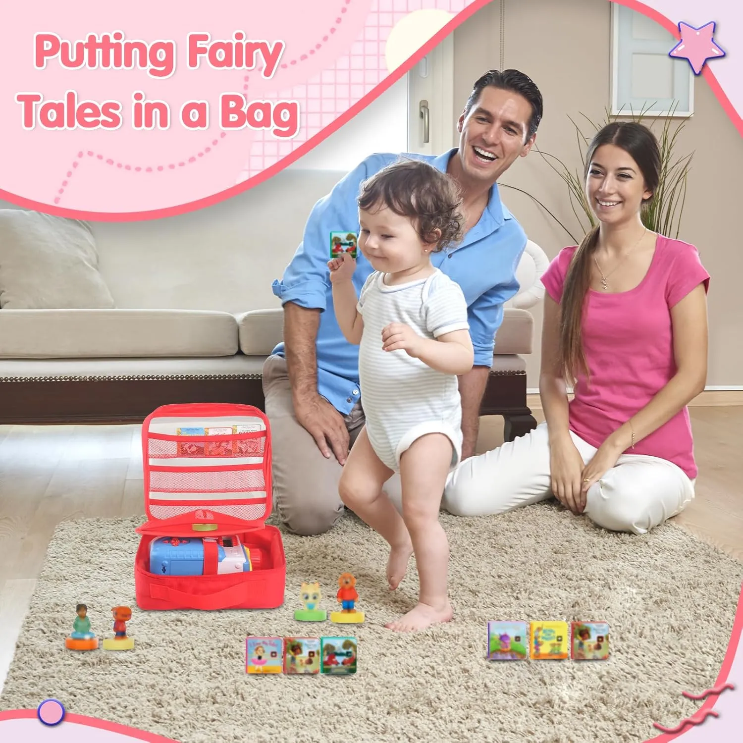 Carrying Case Compatible with Little Tikes Story Dream Machine Books Starter Set,Portable Storage Bag with Handle for Storytime,Little Golden Book,Little Puppy Character (Red)