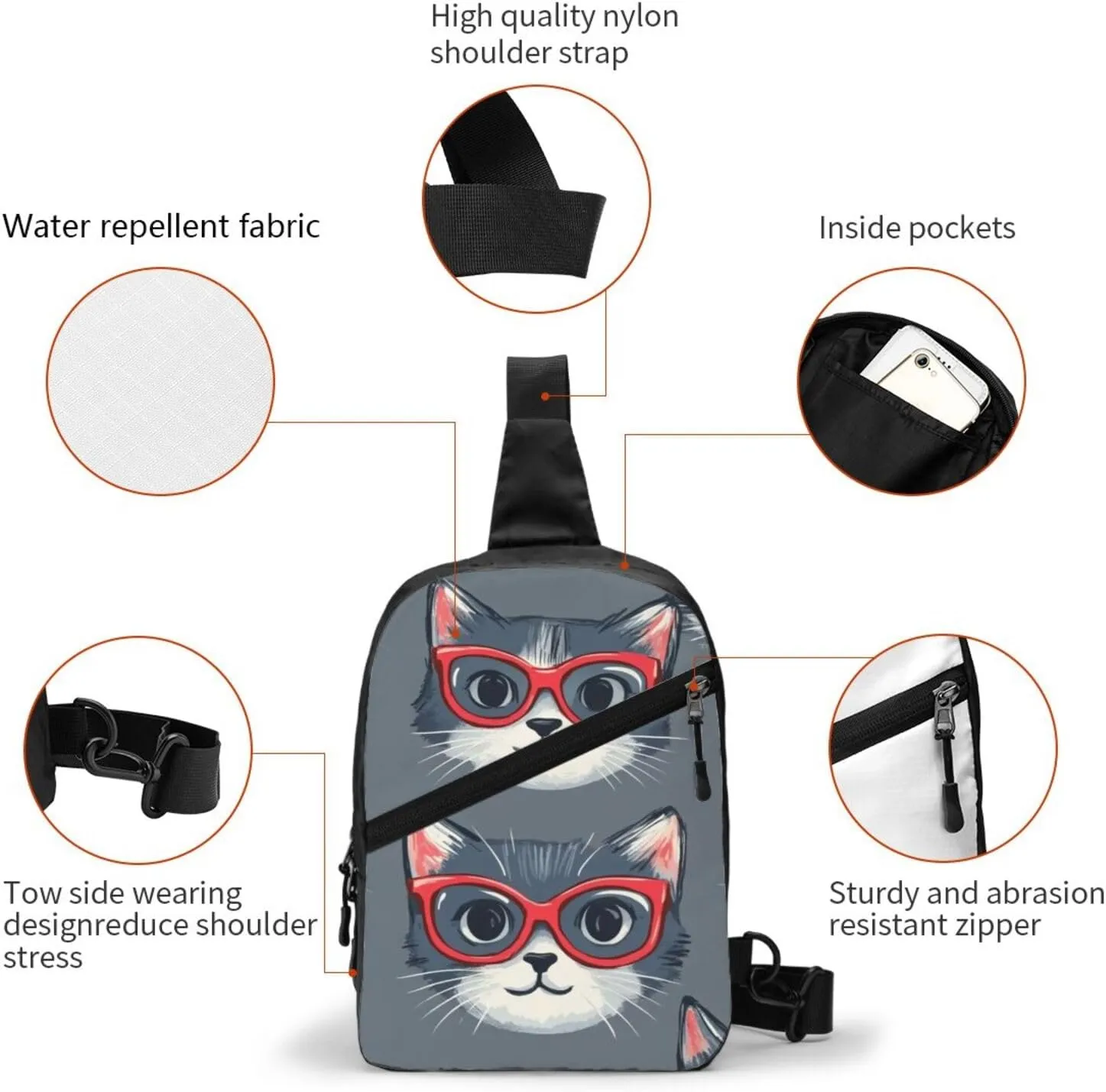 Cat Print Crossbody Bags For Women, Sling Bag For Men, Hiking Backpack Lightweight For Casual Outdoor Travel