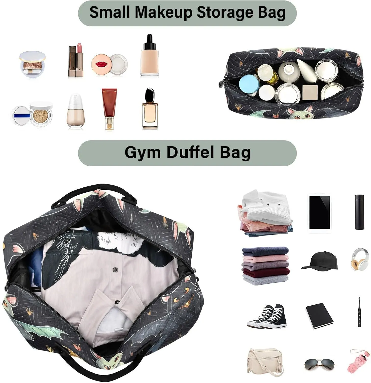 Cat Travel Duffle Gym Bag, Cat Bat Weekender for Women with Toiletry Bag