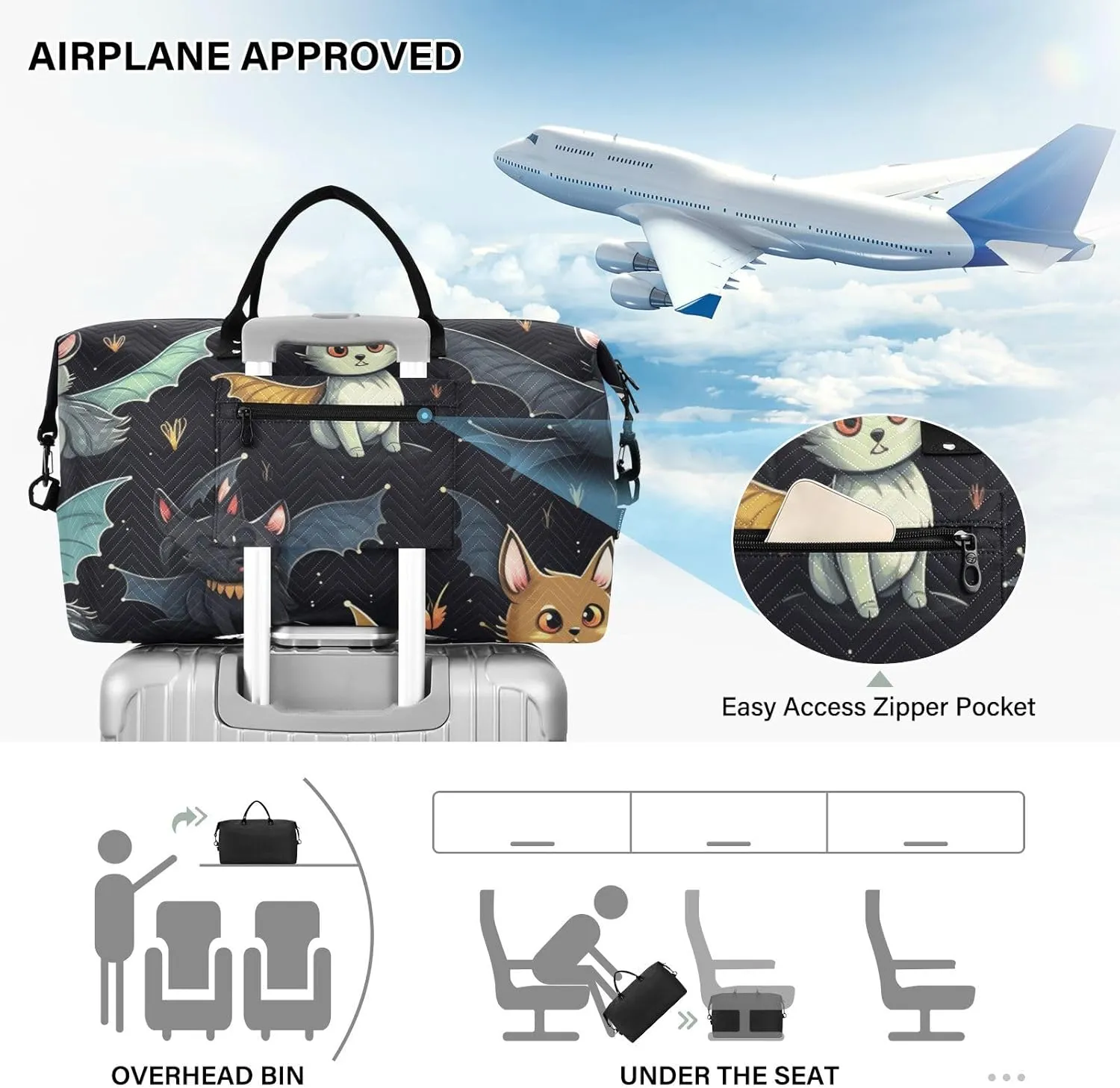 Cat Travel Duffle Gym Bag, Cat Bat Weekender for Women with Toiletry Bag