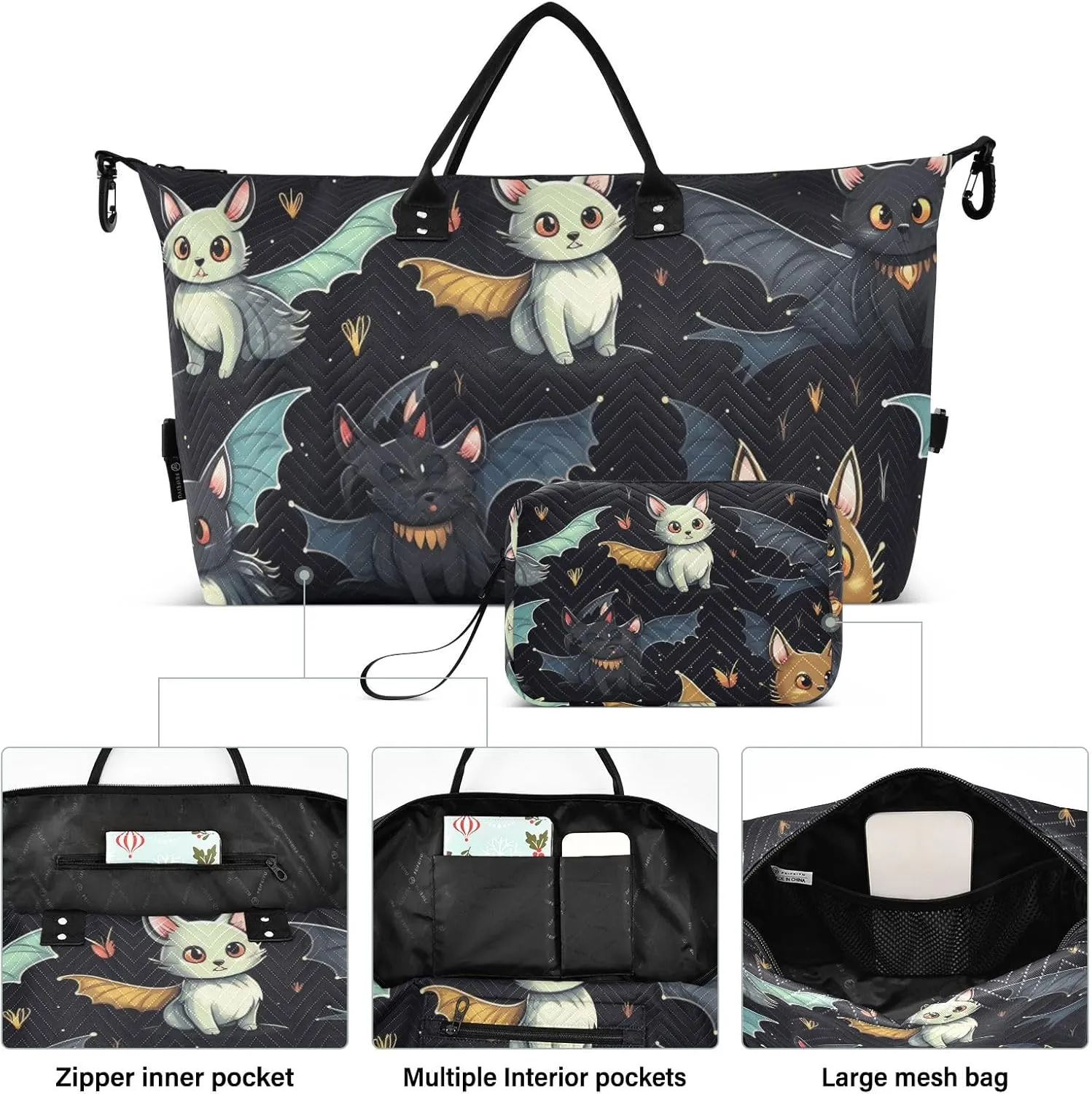 Cat Travel Duffle Gym Bag, Cat Bat Weekender for Women with Toiletry Bag