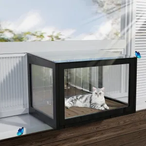 Cat Window Box Catio Outdoor Cat Enclosure Cat Window Perch with Side Bug-Proof Wire Grid Fits Double Hung Frames 25.4" to 43.3" Wide, Sunbathing Napping Overlooking