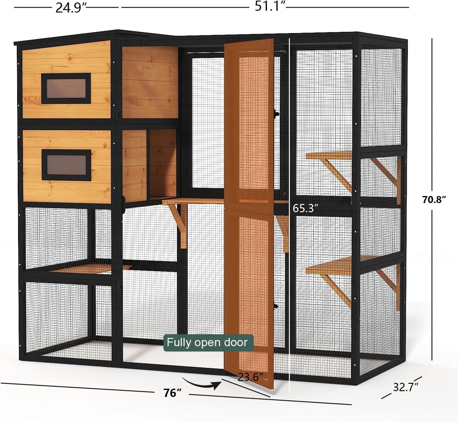 Catio Outdoor Cat Enclosure, Large 4 Tiers Cat Catio Connect to Window for Outdoor Indoor Cats with Weatherproof Roof, Resting Rooms, Platforms, Large Door, 76" L x 32.9" W x 70.8" H, Black