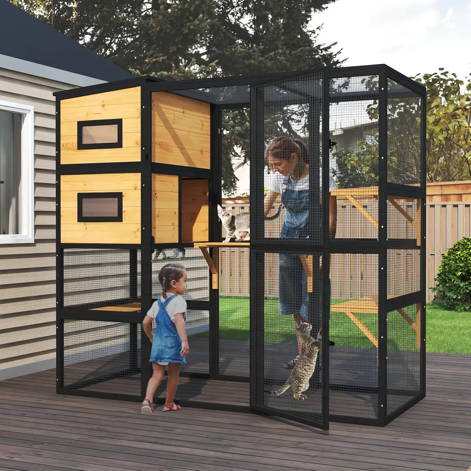 Catio Outdoor Cat Enclosure, Large 4 Tiers Cat Catio Connect to Window for Outdoor Indoor Cats with Weatherproof Roof, Resting Rooms, Platforms, Large Door, 76" L x 32.9" W x 70.8" H, Black