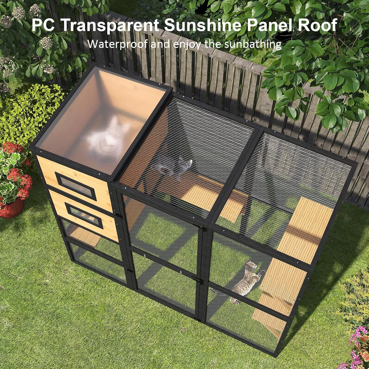 Catio Outdoor Cat Enclosure, Large 4 Tiers Cat Catio Connect to Window for Outdoor Indoor Cats with Weatherproof Roof, Resting Rooms, Platforms, Large Door, 76" L x 32.9" W x 70.8" H, Black