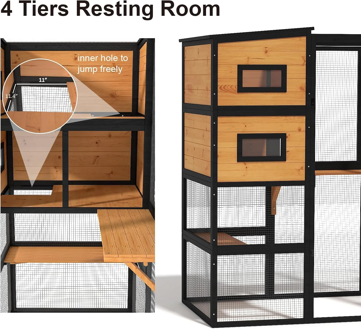 Catio Outdoor Cat Enclosure, Large 4 Tiers Cat Catio Connect to Window for Outdoor Indoor Cats with Weatherproof Roof, Resting Rooms, Platforms, Large Door, 76" L x 32.9" W x 70.8" H, Black