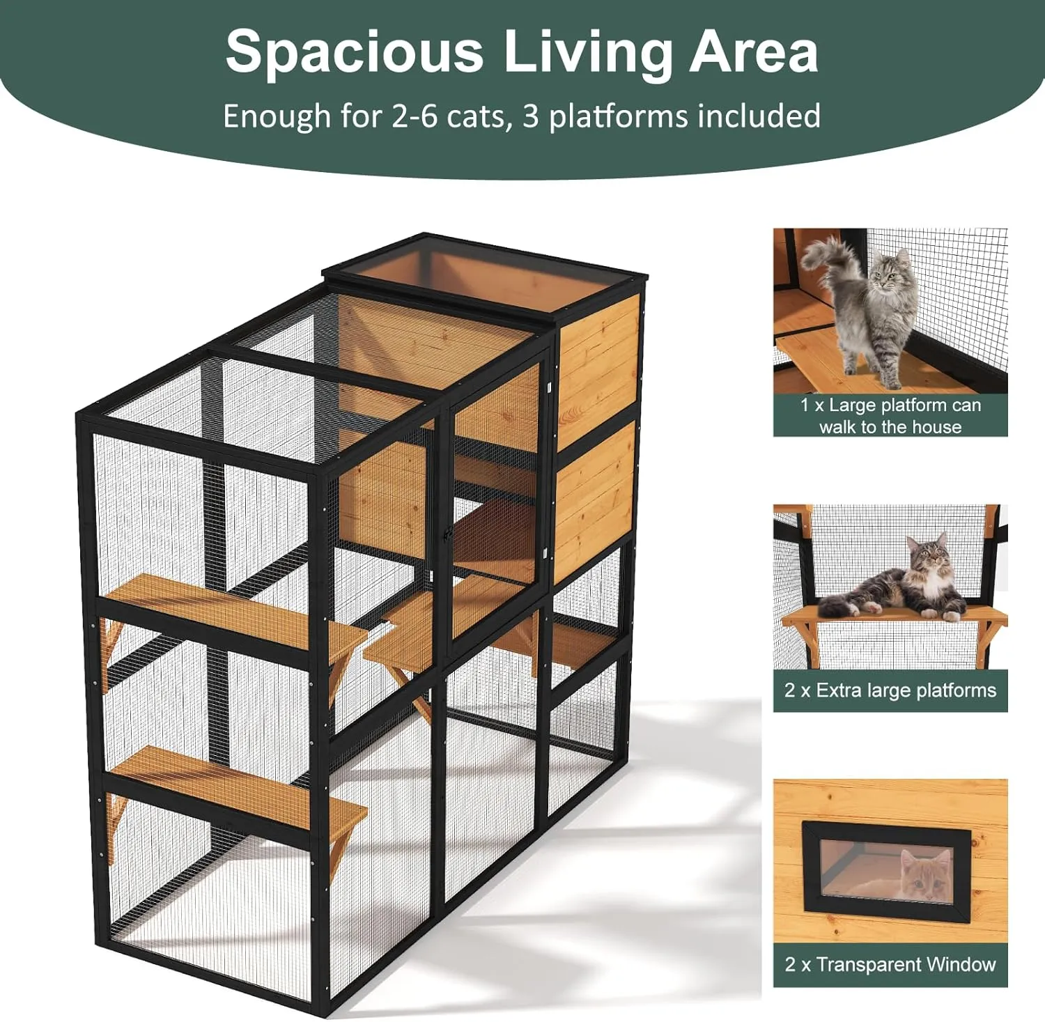 Catio Outdoor Cat Enclosure, Large 4 Tiers Cat Catio Connect to Window for Outdoor Indoor Cats with Weatherproof Roof, Resting Rooms, Platforms, Large Door, 76" L x 32.9" W x 70.8" H, Black