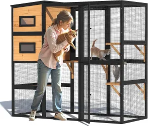 Catio Outdoor Cat Enclosure, Large 4 Tiers Cat Catio Connect to Window for Outdoor Indoor Cats with Weatherproof Roof, Resting Rooms, Platforms, Large Door, 76" L x 32.9" W x 70.8" H, Black