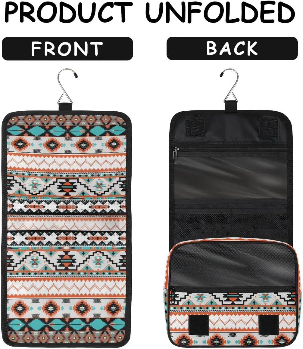 cfpolar Aztec Ethnic Art Travel Toiletry Bag with Hanging Hook, Waterproof Toiletries Travel Bag for Women Girls, Portable Make Up Bag Organizer, Hanging Travel Case Cosmetics Bag for Bathroom Travel