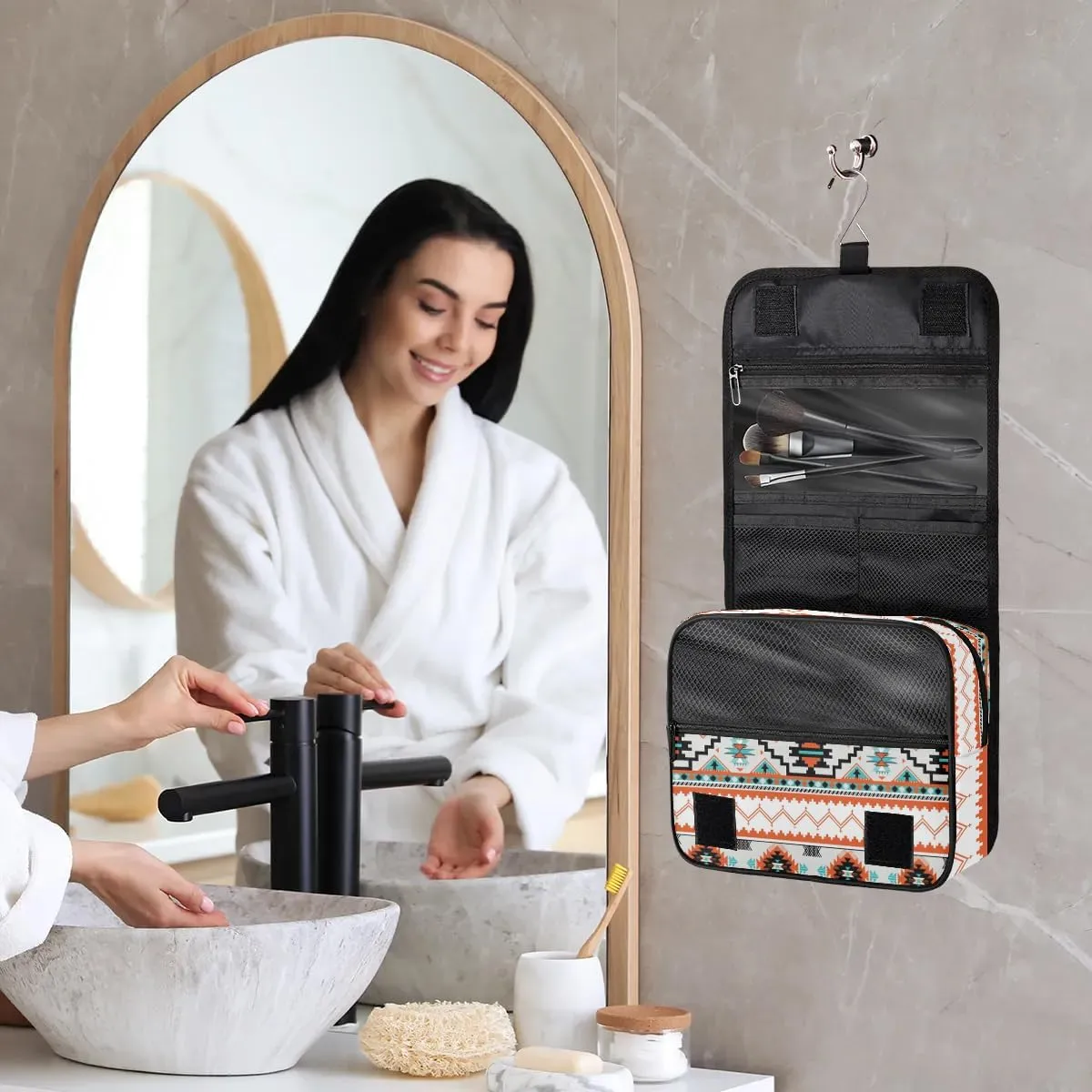 cfpolar Aztec Ethnic Art Travel Toiletry Bag with Hanging Hook, Waterproof Toiletries Travel Bag for Women Girls, Portable Make Up Bag Organizer, Hanging Travel Case Cosmetics Bag for Bathroom Travel