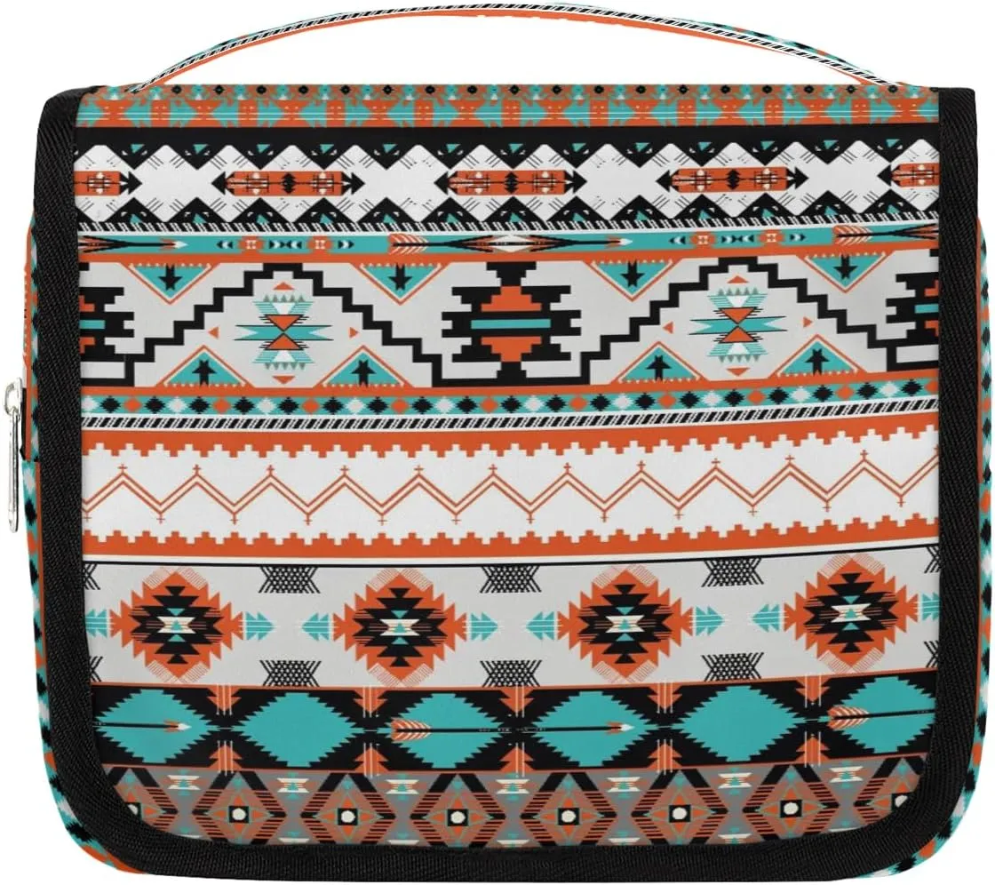 cfpolar Aztec Ethnic Art Travel Toiletry Bag with Hanging Hook, Waterproof Toiletries Travel Bag for Women Girls, Portable Make Up Bag Organizer, Hanging Travel Case Cosmetics Bag for Bathroom Travel