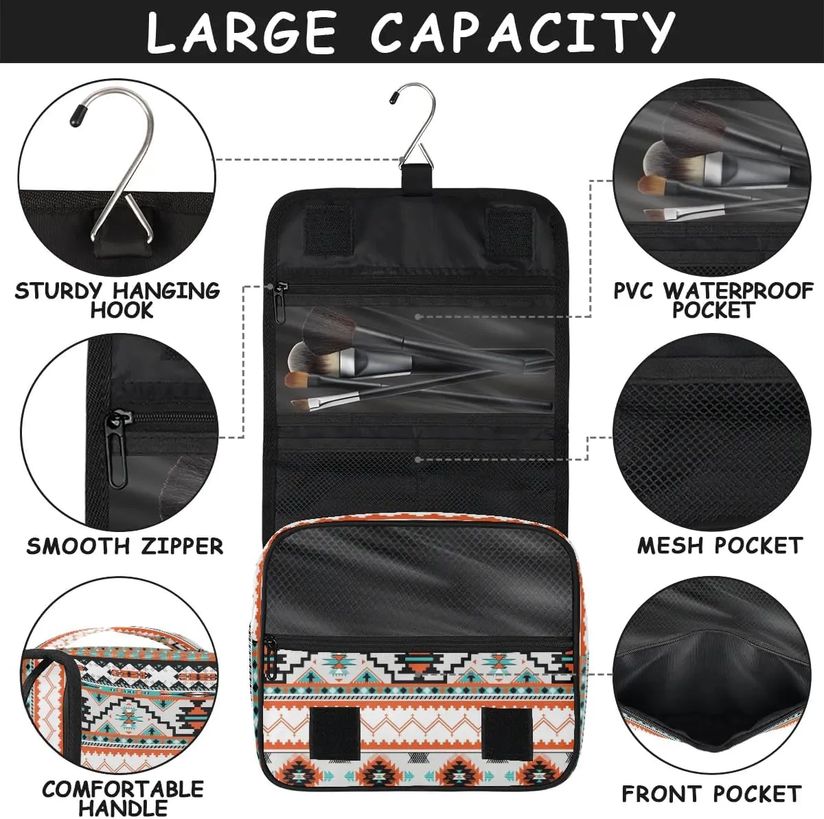 cfpolar Aztec Ethnic Art Travel Toiletry Bag with Hanging Hook, Waterproof Toiletries Travel Bag for Women Girls, Portable Make Up Bag Organizer, Hanging Travel Case Cosmetics Bag for Bathroom Travel