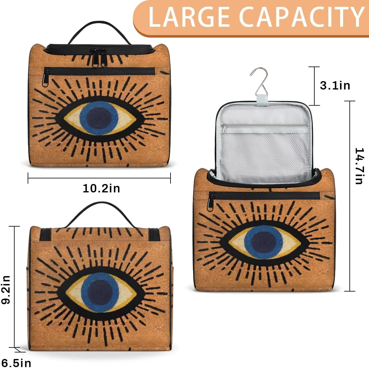cfpolar Evil Abstract Eye Line Hanging Travel Toiletry Bag for Women Girls, Waterproof Makeup Organizer Bag Case with Multi Compartments, Portable Bathroom Cosmetic Storage Bag Pouch Holder
