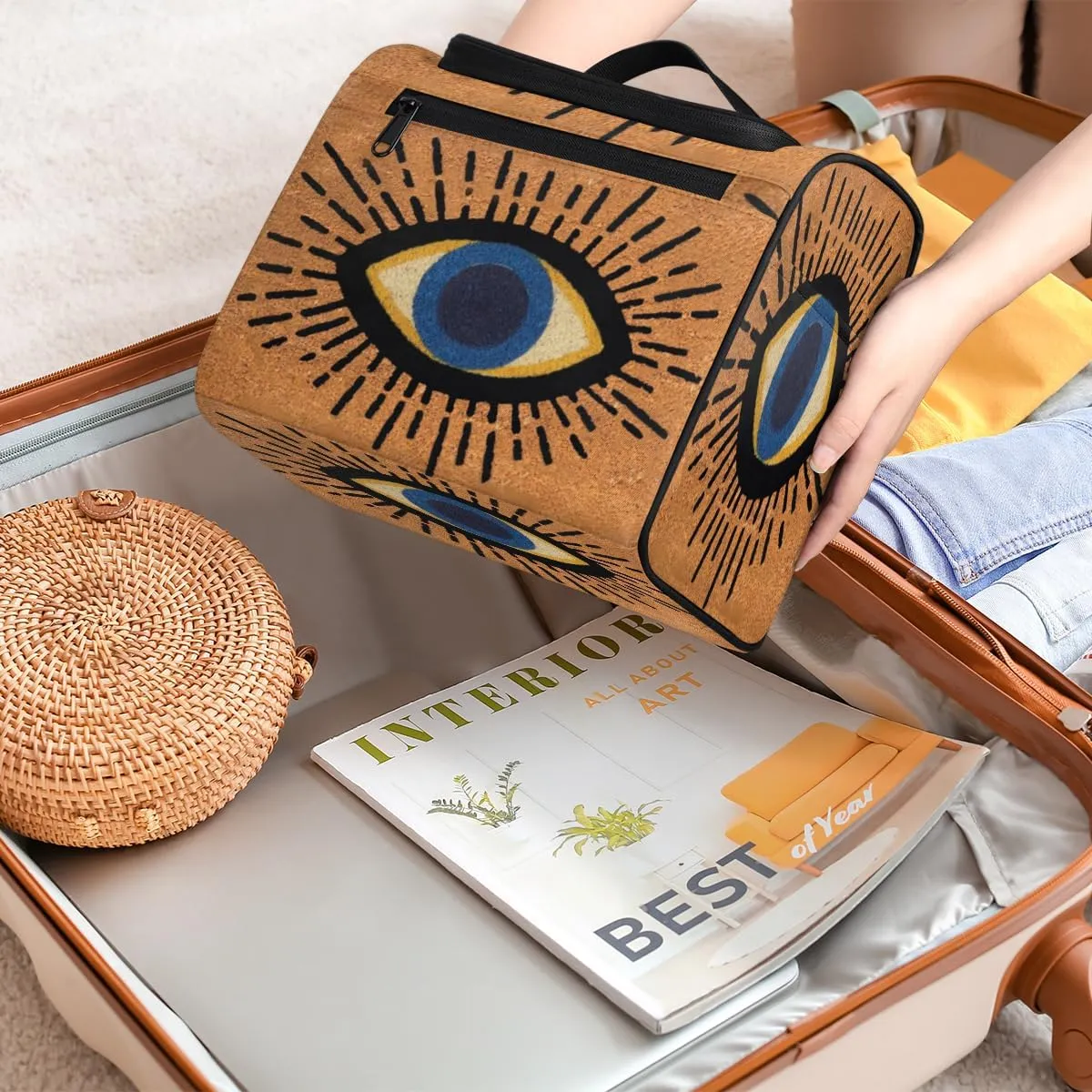 cfpolar Evil Abstract Eye Line Hanging Travel Toiletry Bag for Women Girls, Waterproof Makeup Organizer Bag Case with Multi Compartments, Portable Bathroom Cosmetic Storage Bag Pouch Holder
