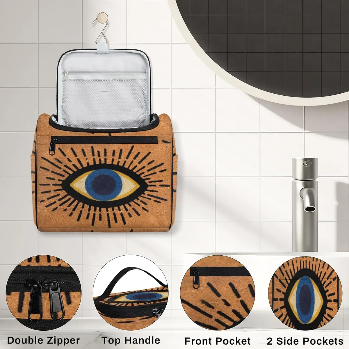 cfpolar Evil Abstract Eye Line Hanging Travel Toiletry Bag for Women Girls, Waterproof Makeup Organizer Bag Case with Multi Compartments, Portable Bathroom Cosmetic Storage Bag Pouch Holder