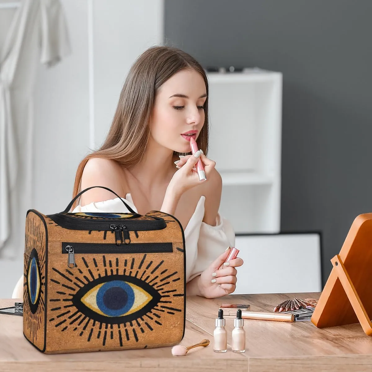 cfpolar Evil Abstract Eye Line Hanging Travel Toiletry Bag for Women Girls, Waterproof Makeup Organizer Bag Case with Multi Compartments, Portable Bathroom Cosmetic Storage Bag Pouch Holder