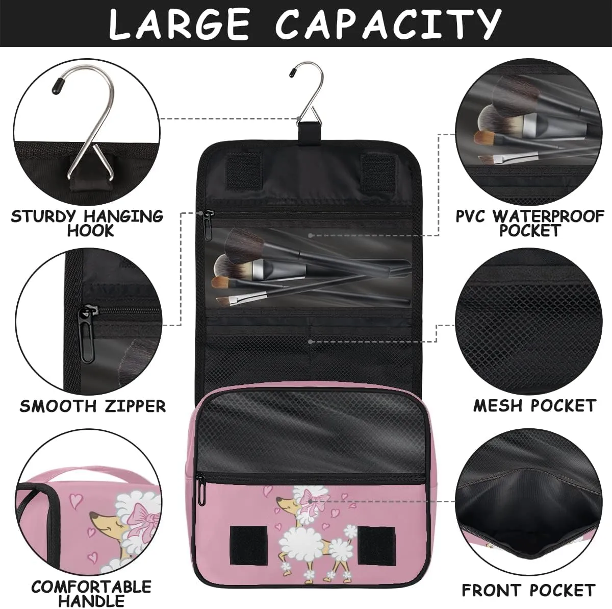 cfpolar Poodle Dog Love Heart Travel Toiletry Bag with Hanging Hook, Waterproof Toiletries Travel Bag for Women Men, Portable Makeup Bag Organizer, Hanging Cosmetics Bag for Bathroom