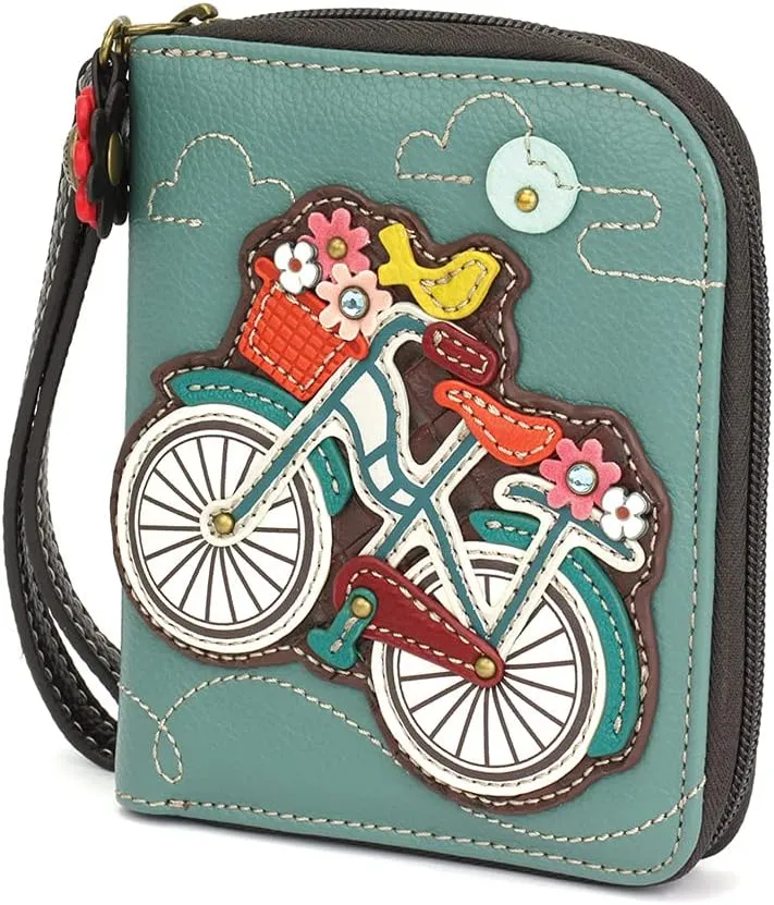 CHALA Zip Around Wallet, Wristlet, 8 Credit Card Slots, Sturdy Pu Leather - Bicycle - Teal