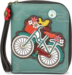 CHALA Zip Around Wallet, Wristlet, 8 Credit Card Slots, Sturdy Pu Leather - Bicycle - Teal