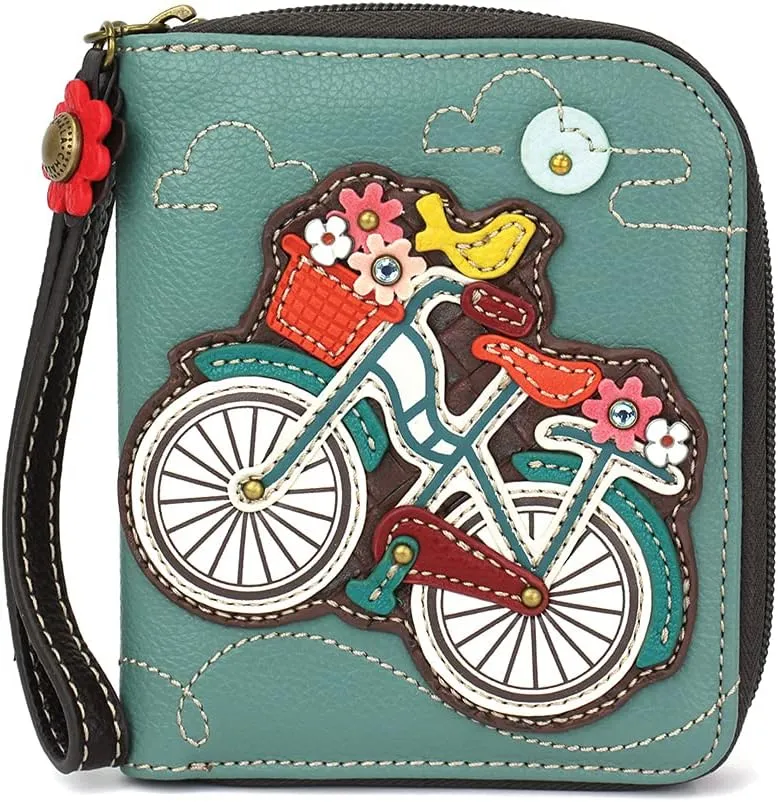 CHALA Zip Around Wallet, Wristlet, 8 Credit Card Slots, Sturdy Pu Leather - Bicycle - Teal