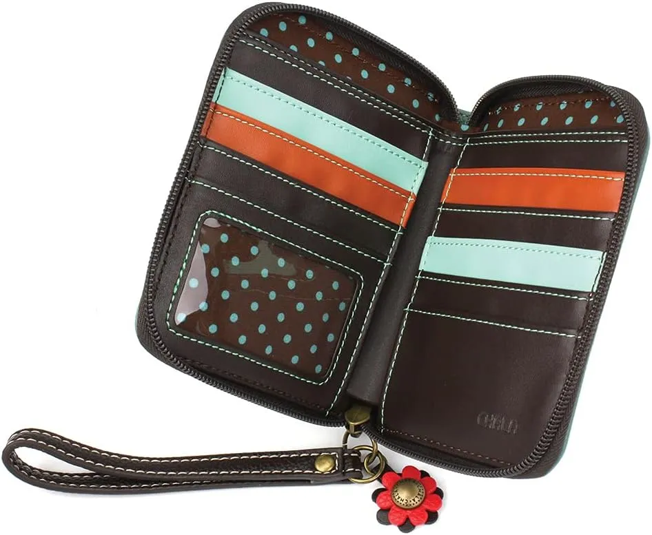 CHALA Zip Around Wallet, Wristlet, 8 Credit Card Slots, Sturdy Pu Leather - Bicycle - Teal
