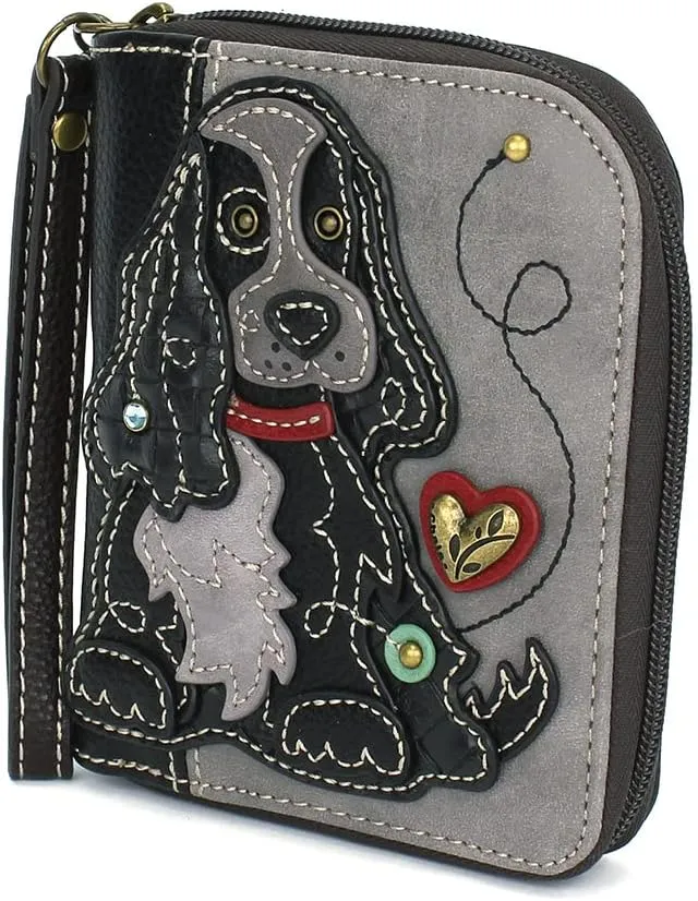 CHALA Zip Around Wallet, Wristlet, 8 Credit Card Slots, Sturdy Pu Leather - Black Cocker Spaniel - Gray