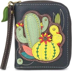 CHALA Zip Around Wallet, Wristlet, 8 Credit Card Slots, Sturdy Pu Leather - Cactus - Navy