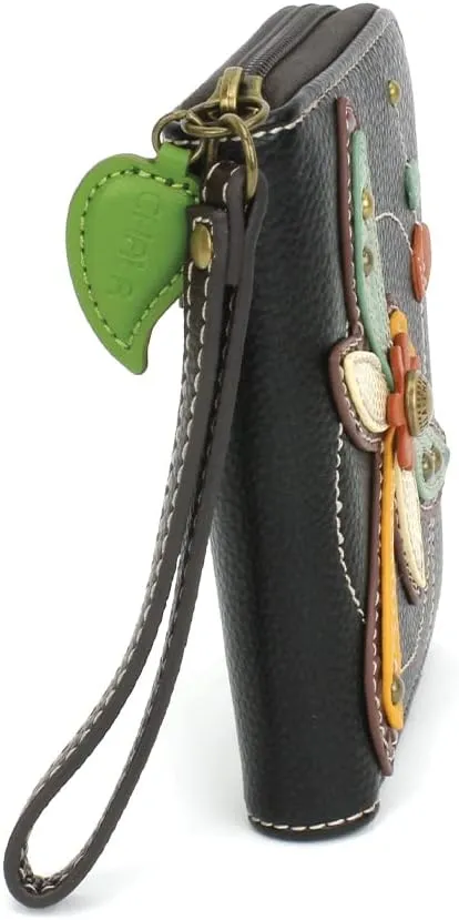 CHALA Zip Around Wallet, Wristlet, 8 Credit Card Slots, Sturdy Pu Leather - Dragonfly - Black