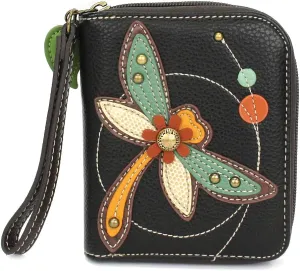 CHALA Zip Around Wallet, Wristlet, 8 Credit Card Slots, Sturdy Pu Leather - Dragonfly - Black