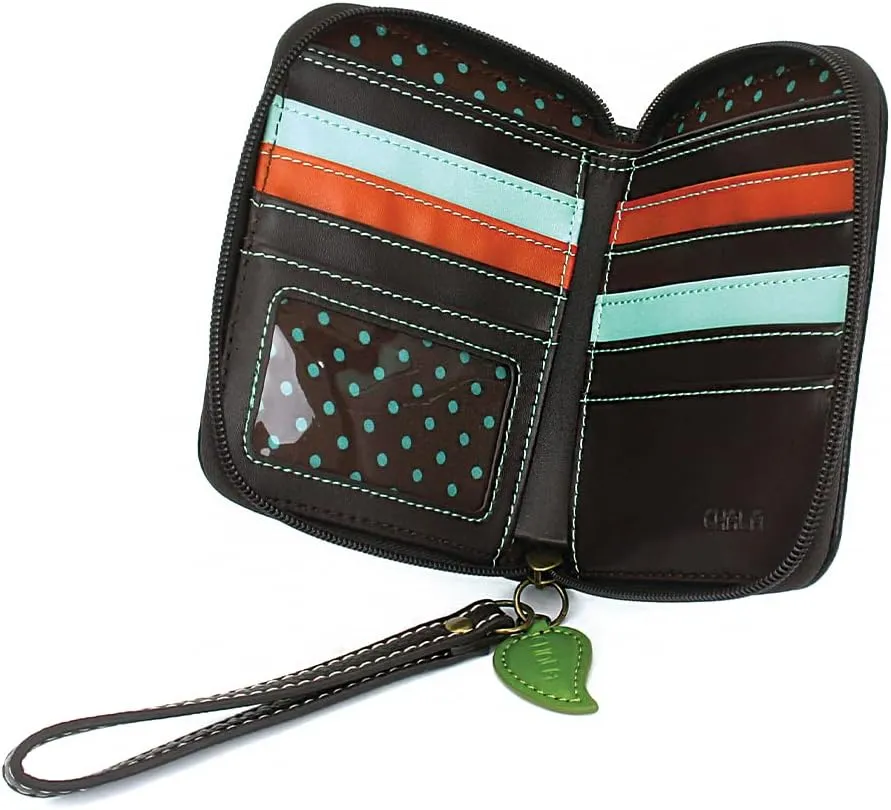 CHALA Zip Around Wallet, Wristlet, 8 Credit Card Slots, Sturdy Pu Leather - Dragonfly - Black