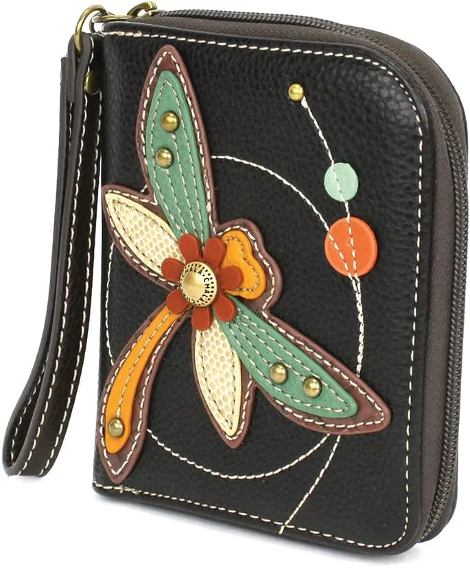 CHALA Zip Around Wallet, Wristlet, 8 Credit Card Slots, Sturdy Pu Leather - Dragonfly - Black
