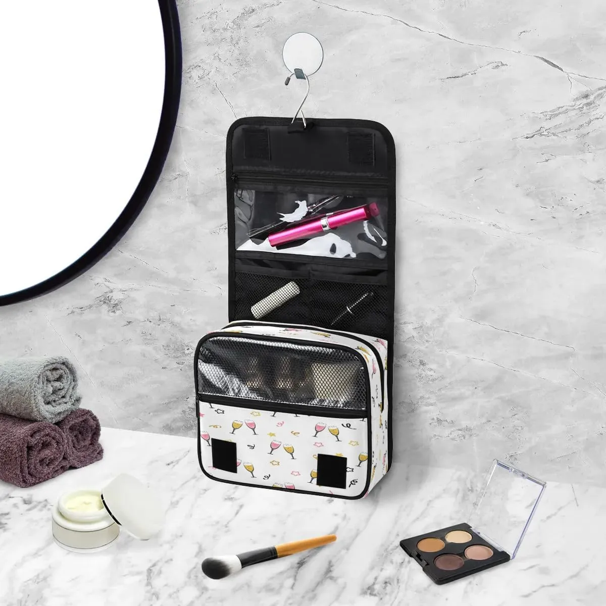 Champagne Glass Print Hanging Toiletry Bag Waterproof Makeup Cosmetic Bag Travel Bag Organizer for Accessories Shampoo Full Sized Container Travel-Essentials Toiletry Bag