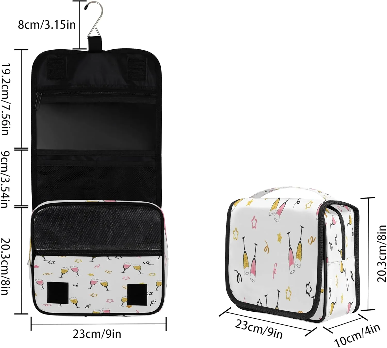 Champagne Glass Print Hanging Toiletry Bag Waterproof Makeup Cosmetic Bag Travel Bag Organizer for Accessories Shampoo Full Sized Container Travel-Essentials Toiletry Bag