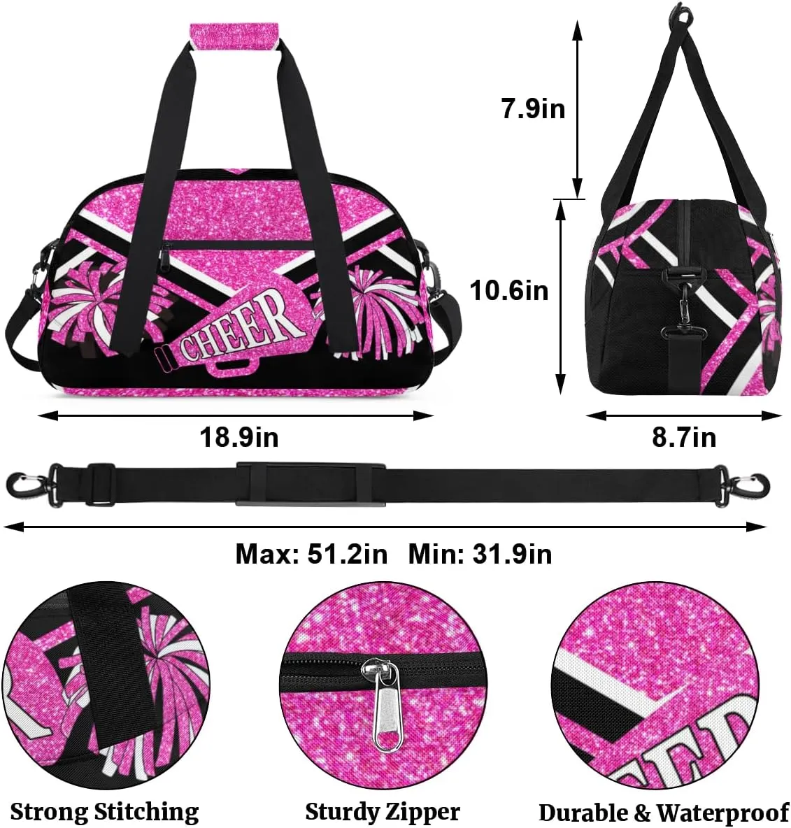 Cheerleading Bags for Girls, Overnight Sports Duffel Cheer Bags Workout Training Dance - Pink Shiny Glitters Print Effect with Black - Sport Gym Bag Travel Practice Gymnastics Duffel Bag