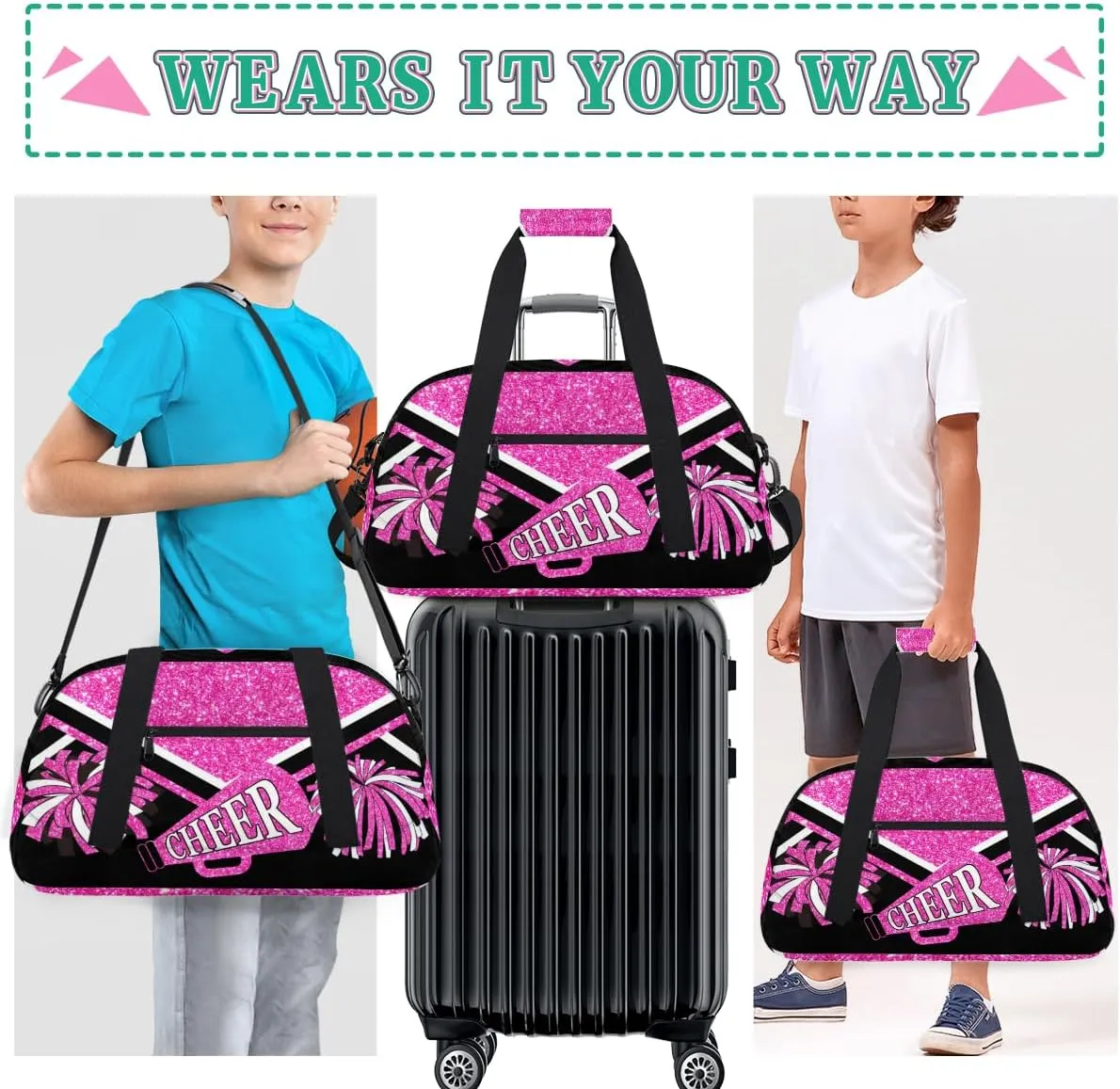 Cheerleading Bags for Girls, Overnight Sports Duffel Cheer Bags Workout Training Dance - Pink Shiny Glitters Print Effect with Black - Sport Gym Bag Travel Practice Gymnastics Duffel Bag