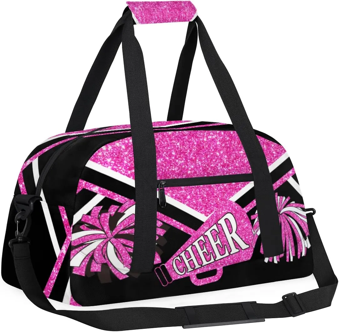 Cheerleading Bags for Girls, Overnight Sports Duffel Cheer Bags Workout Training Dance - Pink Shiny Glitters Print Effect with Black - Sport Gym Bag Travel Practice Gymnastics Duffel Bag