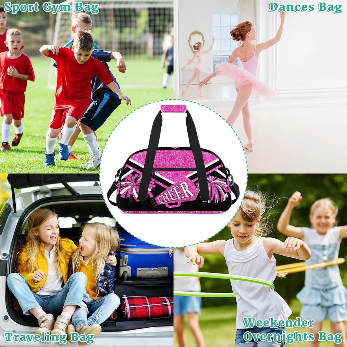 Cheerleading Bags for Girls, Overnight Sports Duffel Cheer Bags Workout Training Dance - Pink Shiny Glitters Print Effect with Black - Sport Gym Bag Travel Practice Gymnastics Duffel Bag
